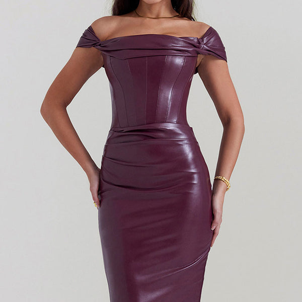 Vintage Pleated Off Shoulder Bodycon Vegan Leather Cocktail Mini Dress Burgundy