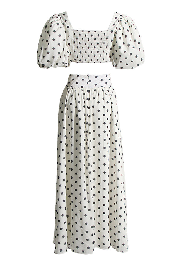 Vintage Polka Dot Puff Sleeve Bra Top High Rise Split Two Piece Maxi Dress
