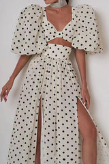 Vintage Polka Dot Puff Sleeve Bra Top High Rise Split Two Piece Maxi Dress