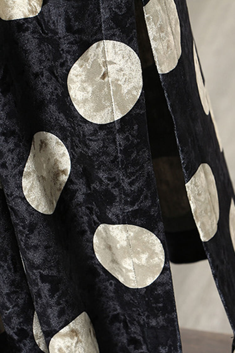 Vintage Polka Dot Round Neck 3/4 Sleeve Side Slit Cocoon Velvet Midi Dress