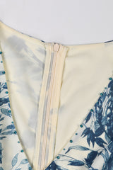 Vintage Printed V Neck Beaded Trim Bishop Sleeve Beach Vacation Midi Dress