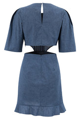 Vintage Puff Sleeve Pleated Trim Cutout Ruffle Denim Mini Dress - Jean Blue