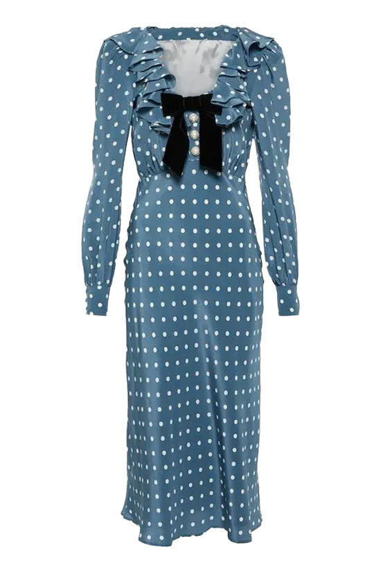 Vintage Ruffle Bow Trim Bishop Sleeve Chiffon Polka Dot Printed Midi Dress