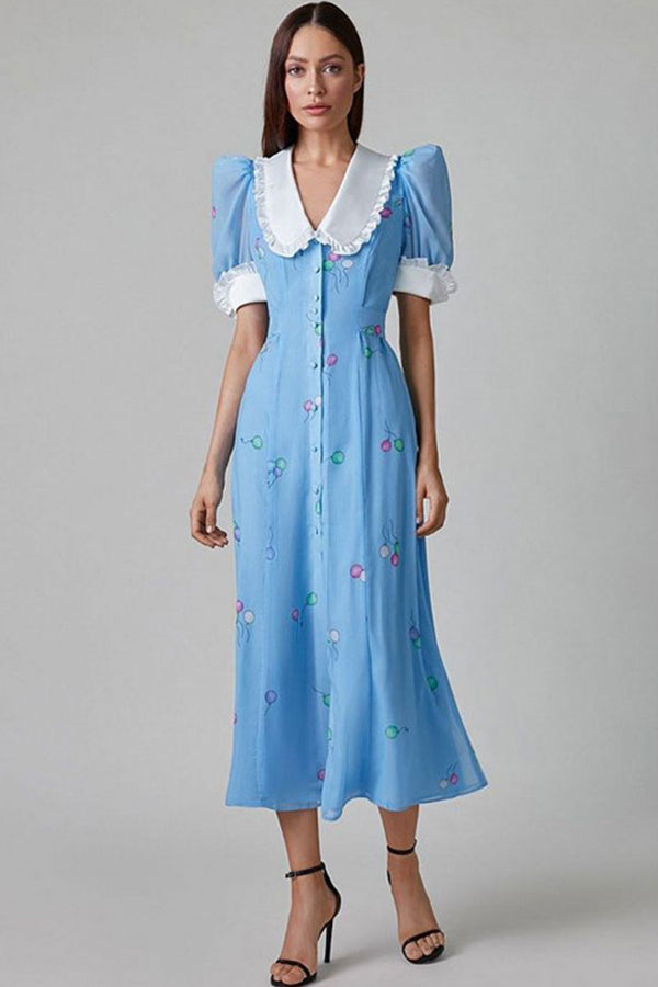 Vintage Ruffled Collar Puff Sleeve Button Up Printed Midi Shirt Dress - Blue