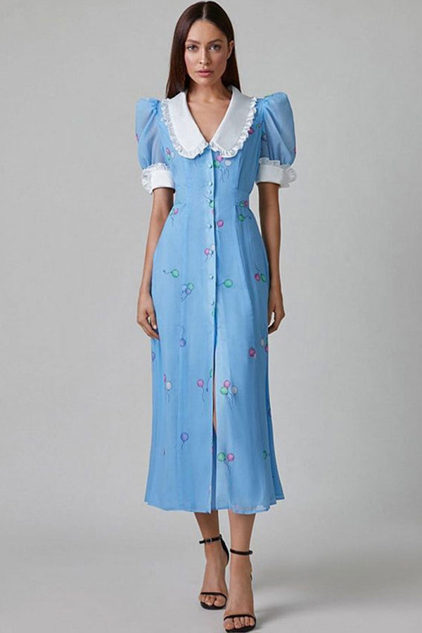 Vintage Ruffled Collar Puff Sleeve Button Up Printed Midi Shirt Dress - Blue