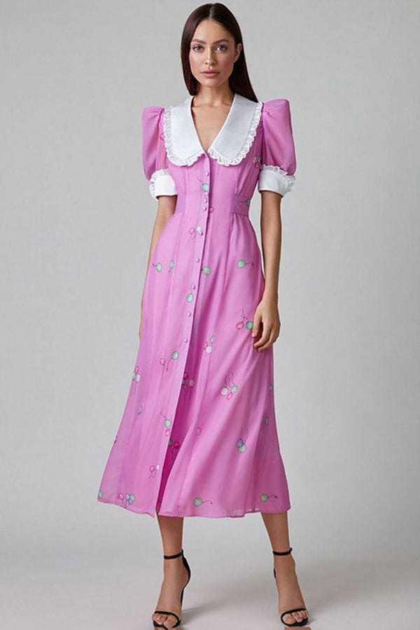 Vintage Ruffled Collar Puff Sleeve Button Up Printed Midi Shirt Dress - Pink