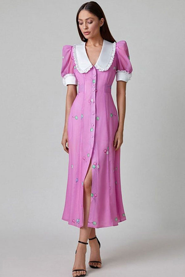 Vintage Ruffled Collar Puff Sleeve Button Up Printed Midi Shirt Dress - Pink