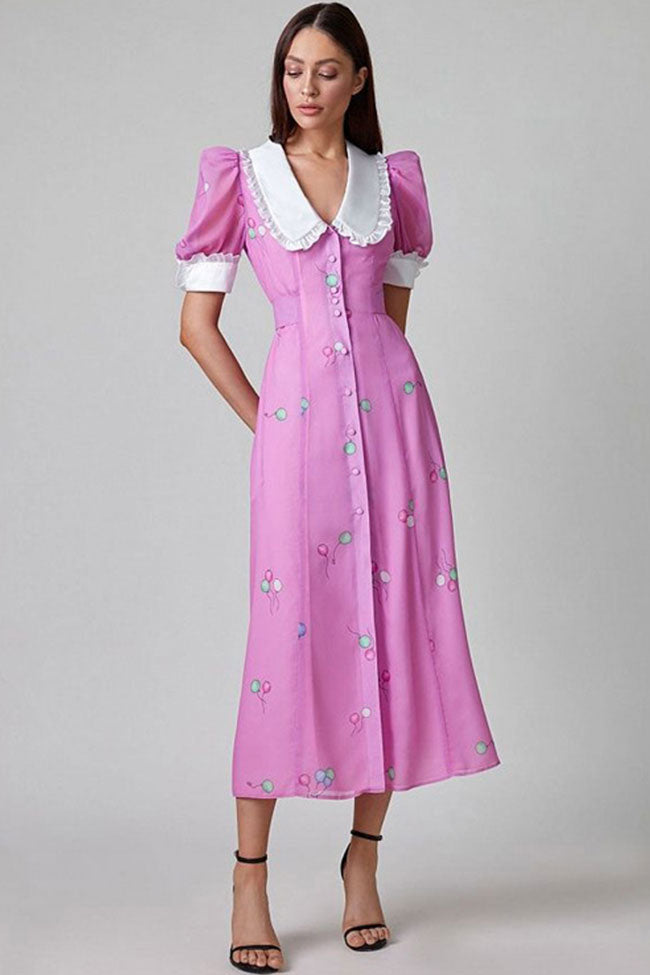 Vintage Ruffled Collar Puff Sleeve Button Up Printed Midi Shirt Dress - Pink