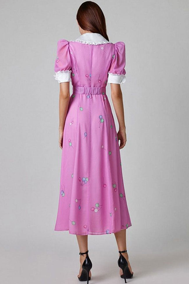 Vintage Ruffled Collar Puff Sleeve Button Up Printed Midi Shirt Dress - Pink