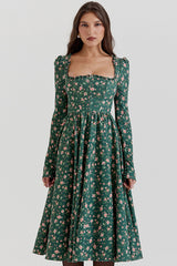 Vintage Ruffled Square Neck Puff Sleeve Fit & Flare Floral Printed Midi Dress - Emerald Green