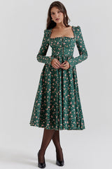 Vintage Ruffled Square Neck Puff Sleeve Fit & Flare Floral Printed Midi Dress - Emerald Green