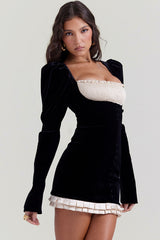Vintage Ruffled Square Neck Puff Sleeve Satin Velvet Corset Party Mini Dress - Black