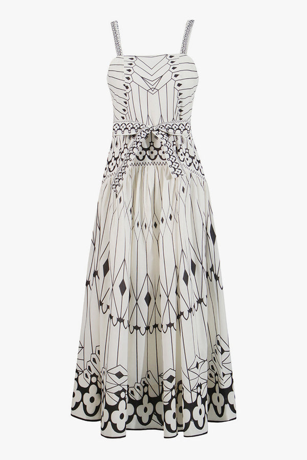 Vintage Square Neck Belted Smocked Floral Print Midi Sundress