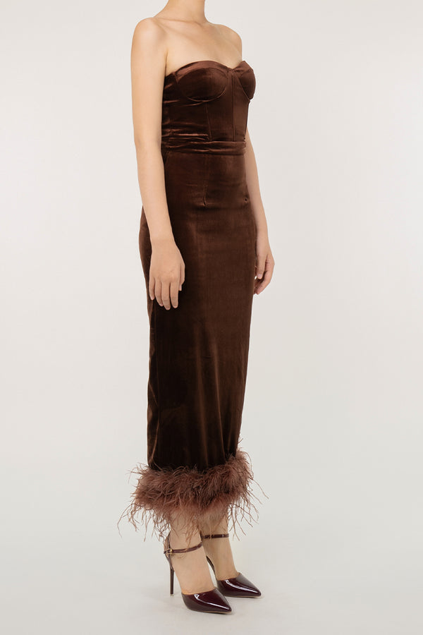 Vintage Sweetheart Neck Corset Velvet Faux Feather Trim Evening Maxi Dress