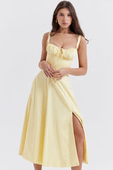Vintage Tie Front Lace Up Back Fit & Flare Split Midi Sundress - Yellow