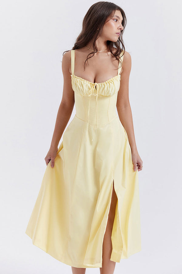 Vintage Tie Front Lace Up Back Fit & Flare Split Midi Sundress - Yellow