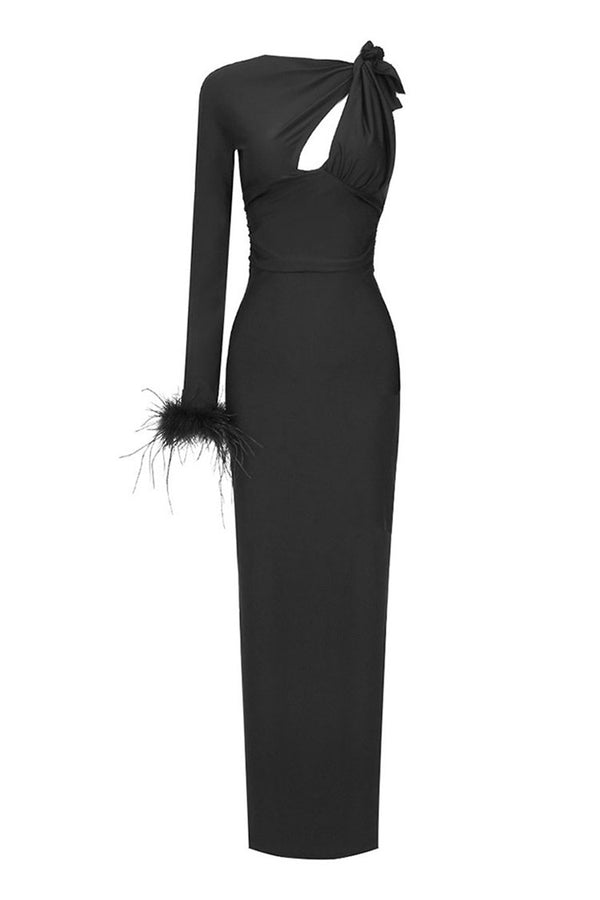 Whimsical Knot Cut Out Feather Sleeve Bodycon Jersey Evening Maxi Dress