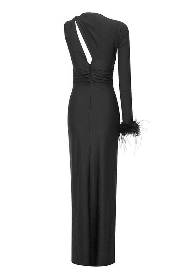 Whimsical Knot Cut Out Feather Sleeve Bodycon Jersey Evening Maxi Dress