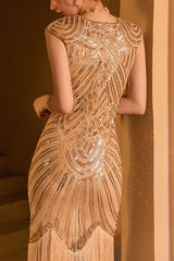 1920s Gatsby Round Neck Fitted Sequin Fringe Flapper Midi Dress - Champagne