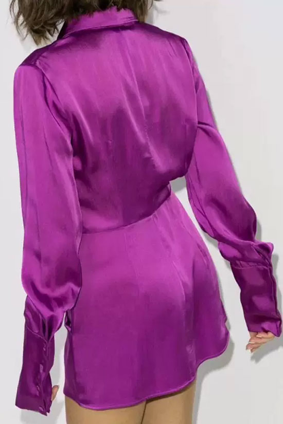 Asymmetric Long Sleeve Ruffle Ruched Satin Shirt Mini Dress - Fuchsia