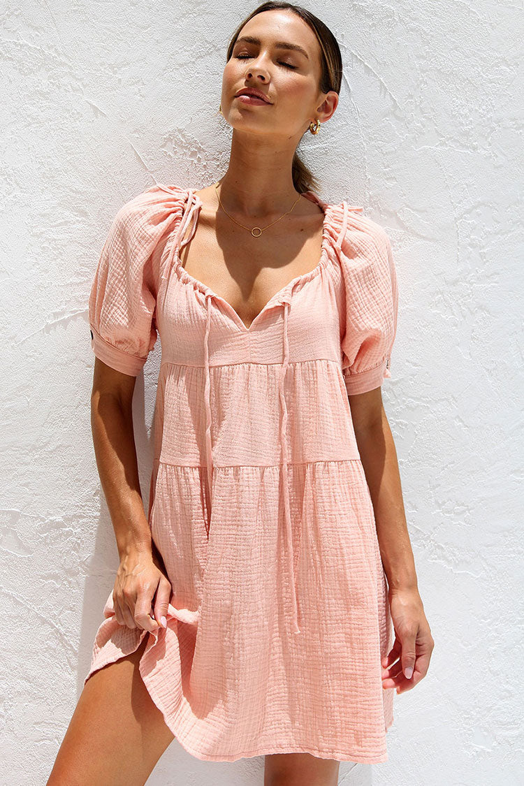 Cute Tie Neck Puff Sleeve Crinkled Cotton Blend Babydoll Mini Dress - Peach Pink