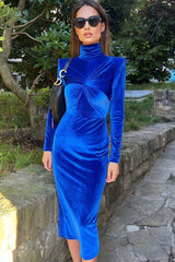 Classy High Neck Twist Long Sleeve Velvet Cocktail Party Midi Dress - Royal Blue
