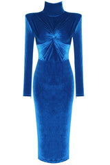 Classy High Neck Twist Long Sleeve Velvet Cocktail Party Midi Dress - Royal Blue