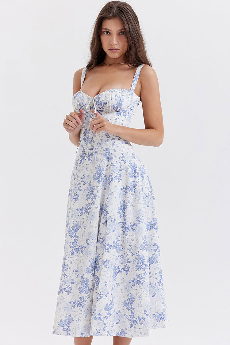 Sexy Floral Tie Front Lace Up Back Fit & Flare Split Midi Sundress - Blue