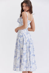 Sexy Floral Tie Front Lace Up Back Fit & Flare Split Midi Sundress - Blue