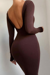 Sexy Open Back Boat Neck Long Sleeve Winter Bodycon Midi Dress - Coffee