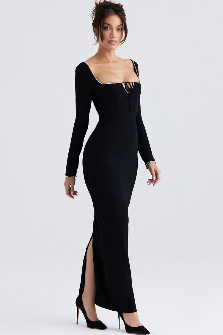 Sparkly Crystal Embellished Tie Neck Long Sleeve Formal Maxi Dress - Black