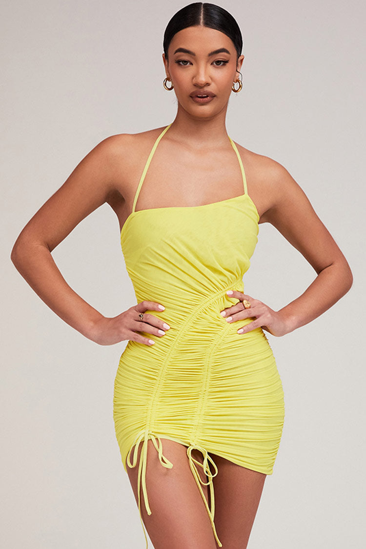 Asymmetric Drawstring Ruched Mesh Bodycon Mini Dress - Yellow
