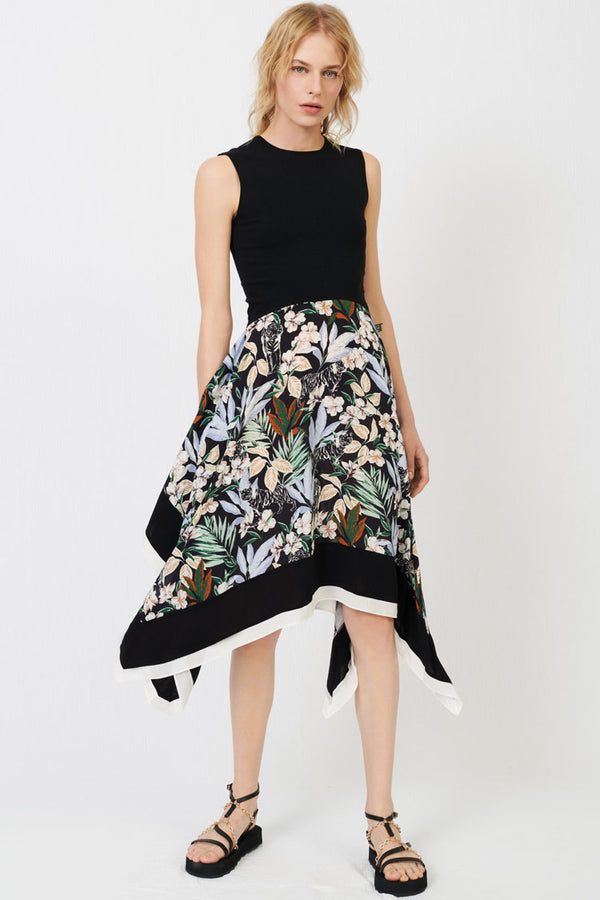 Asymmetric Handkerchief Hem Floral Print French Sleeveless Dress - Black