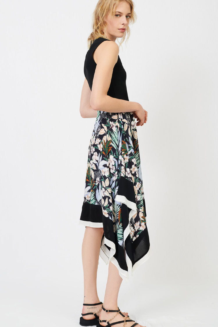 Asymmetric Handkerchief Hem Floral Print French Sleeveless Dress - Black