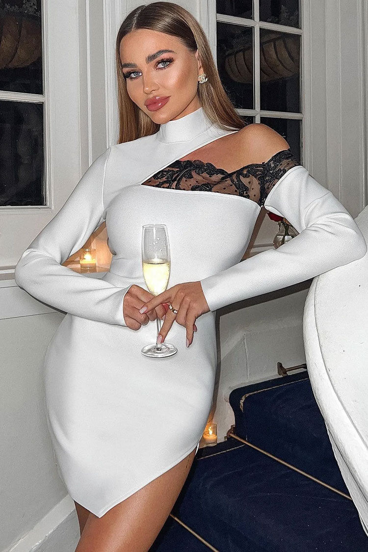 Asymmetric High Neck Lace Trim Cutout Long Sleeve Bandage Mini Dress - White