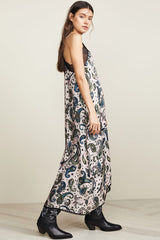Asymmetric Paisley Lacy Spaghetti Strap French Slip Dress - Black