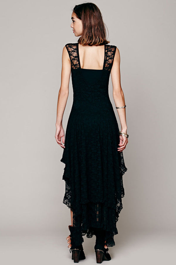 Asymmetric Tiered Ruffle Sleeveless Maxi Lace Dress - Black