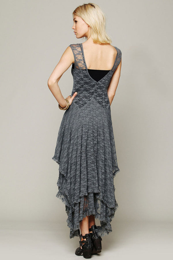 Asymmetric Tiered Ruffle Sleeveless Maxi Lace Dress - Gray