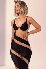 Asymmetric V Neck Mesh Panel Lingerie Sheer Club Dress - Black