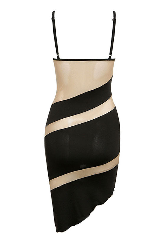 Asymmetric V Neck Mesh Panel Lingerie Sheer Club Dress - Black