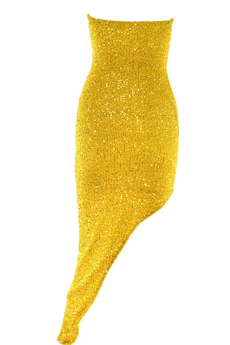 Asymmetrical Bustier Strapless Embellished Sequin Midi Dress - Yellow