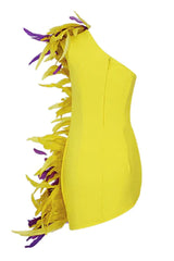 Asymmetrical One Shoulder Bold Feather Trim Mini Dress - Yellow