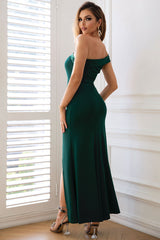 Asymmetrical One Shoulder Ruched High Slit Evening Maxi Dress - Emerald Green
