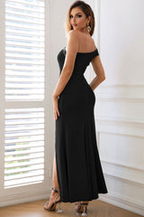 Asymmetrical One Shoulder Ruched High Slit Evening Maxi Dress - Black