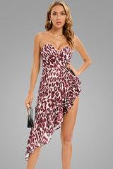 Asymmetrical Ruffle Satin Sweetheart Strapless Party Dress - Leopard