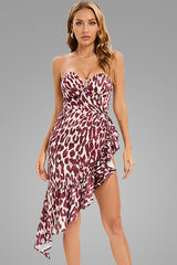 Asymmetrical Ruffle Satin Sweetheart Strapless Party Dress - Leopard