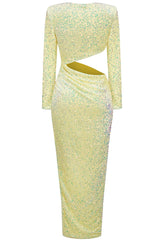 Asymmetrical Split Side Cutout Long Sleeve Velvet Sequin Dress - Yellow