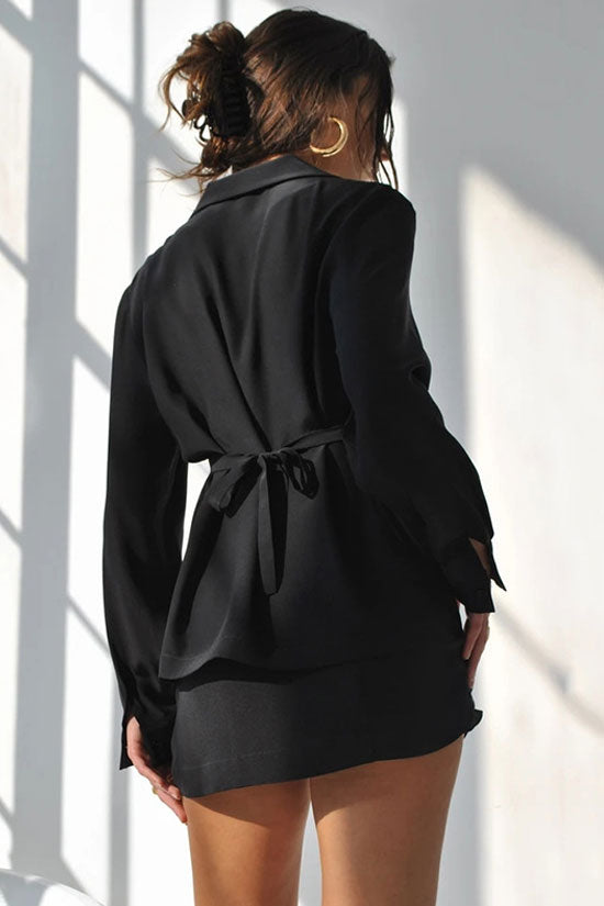 Athleisure Long Sleeve High Waist Skirt Two Piece Dress - Black