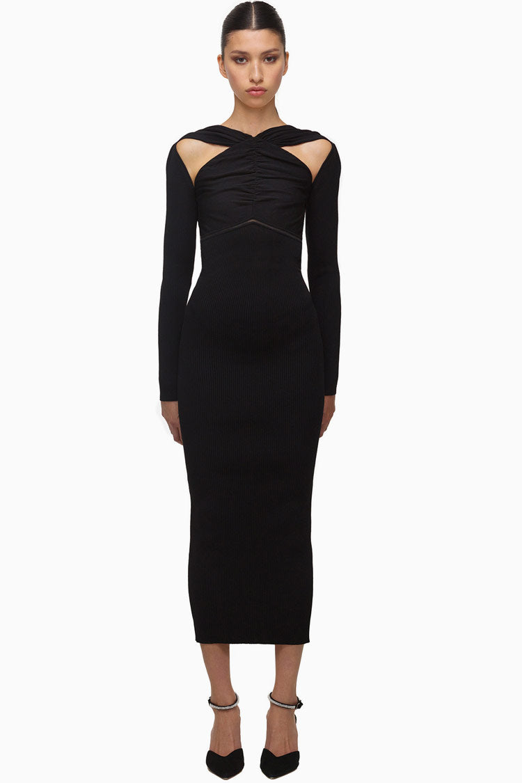 Backless Cutout Long Sleeve Ruched Front Midi Dress - Black
