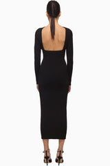 Backless Cutout Long Sleeve Ruched Front Midi Dress - Black